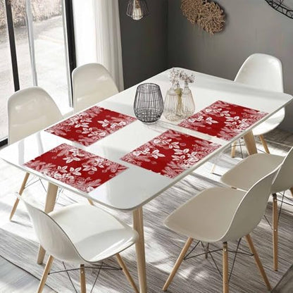 Red Christmas Placemats Set of 4, Floral Pine Leaf Xmas Balls Heat Resistant Washable Table Place Mats White Winter Holidays Cotton Table Linens Party Holiday Decor for Kitchen Dining Outdoor Indoor
