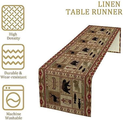 Vintage Rustic Cabin Bear Table Runner,Cottage Country Style Pine Tree Elk Wildlife Dinner Runner for Home Kitchen Dining Table Decoration 13"x36"