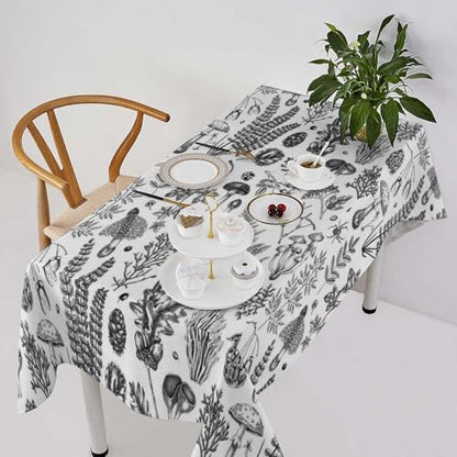 Vintage Mushroom Tablecloth, Black White Nature Forest Fern Leaves Autumn Plants Botanical Print Table Cover for Home Dining Decor Kitchen Party Outdoor 55x75in
