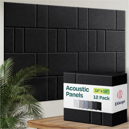 Acoustic Panels 12-Pack Soundproof Wall Panels 12"x12"x0.4" Decorative Sound Dampening for Your Home, Office, Studio, Bedroom & More with Unique GridFrame Carving [Deep Black]