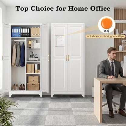 71" Metal Storage Cabinet with Hanging Rod, Tall White Wardrobe Closet with 3 Adjustable Shelves, Heavy Duty Steel Office Armoire, Modern Minimalist Design for Bedroom, Laundry Room