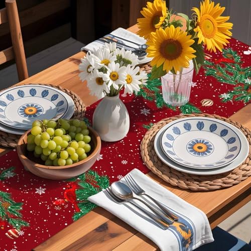 Christmas Cartoon Snowman Table Runner Dresser Scarf 13 x 108 Inch Holly Bird Pine Tree Snow Red Table Runners Non-Slip Heat Resistant Kitchen Dining Table Decor for Winter Holidays Indoor Outdoor