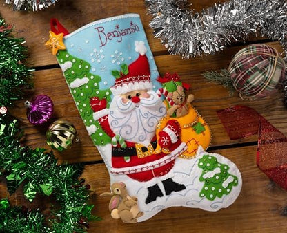 Bucilla Felt Applique 18" Stocking Making Kit, Retro Holiday Santa, Perfect for DIY Arts and Crafts, 89740E