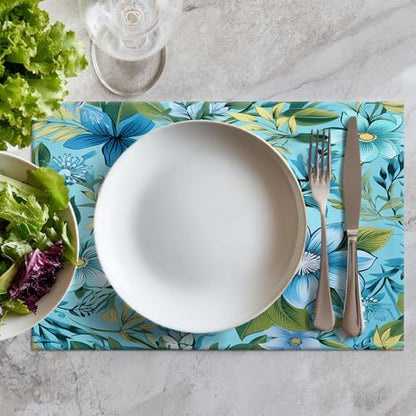 Batmerry Floral Light Blue Linen Placemats Set of 8, Blue Green Floral Washable Table Mats for Kitchen Table Thickened Heat Insulation Dining Set Indoor Outdoor 12X18 in
