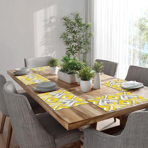 Batmerry Geometric Placemats,Retro Geometric Ikat Yellow Gray Pattern Woven Burlap Modern Linen Washable Insulation Table Mats for Farmhouse Placemats Set of 4