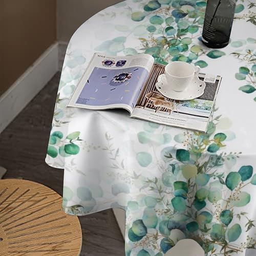 Spring Botanical Tablecloth, Watercolor Sage Green Eucalyptus Leaves Print Table Cloth Cover for Kitchen Dining Indoor Outdoor Decor, 50x50in