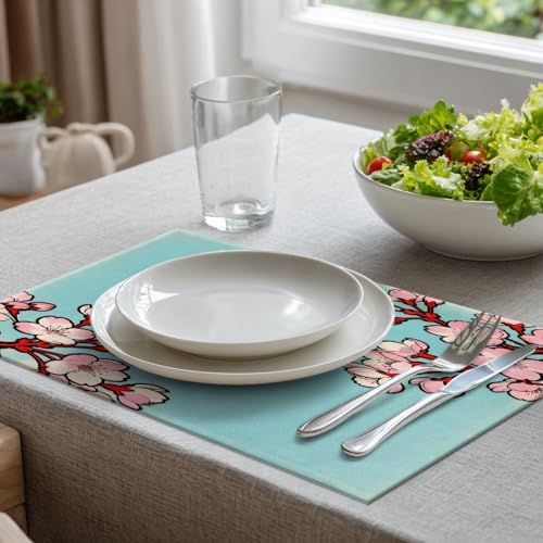 Batmerry Shabby Chic Cherry Blossom Linen Placemats Set of 6, Red Black Cherry Branch Washable Table Mats for Kitchen Table Thickened Heat Insulation Dining Set Indoor Outdoor 12X18 in