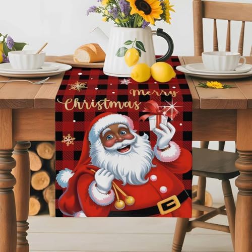 Black Santa Claus Table Runner Dresser Scarf 13 x 72 Inch Merry Christmas Snowflake Red Black Plaid Table Runners Non-Slip Heat Resistant Kitchen Dining Table Decor for Home Holidays Indoor Outdoor