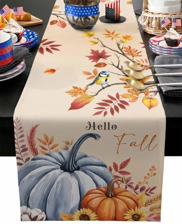 Fall Table Runner Hello Fall Pumpkin Table Runners Harvest Thanksgiving Maple Leaves Sunflower Bird Cotton Linen Dresser Scarf Kitchen Dining Table Decor for Autumn Holiday Party Coffee 13x120 Inch