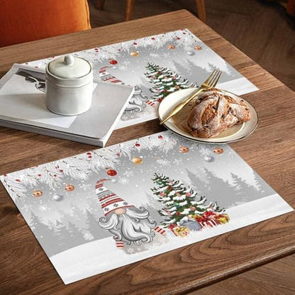 Christmas Gnome Placemats Set of 4, Winter Merry Christmas Tree Balls Heat Resistant Washable Table Place Mats Grey Cotton Table Linens Party Holiday Decor for Kitchen Dining Outdoor Indoor