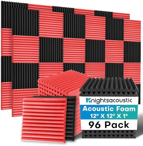 96 Pack Sound Proof Foam Panels for Walls, 1 X 12 X 12 Inches Acoustic Foam Panels, High Density Acoustic Panels Sound Absorbing, Noise Cancelling Studio Wedges Red + Black (NOT INCLUDE ADHESIVE)