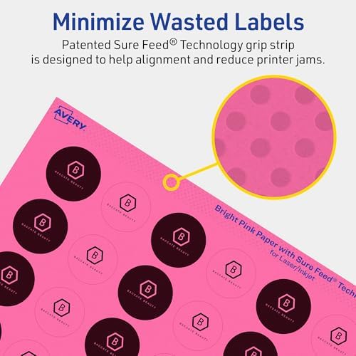 Avery Printable Round Labels, Sure Feed Technology, 1" Diameter, Bright Pink Labels, Print-to-the-Edge, Laser/Inkjet, 1,920 Total, Great for Price Stickers and Mailing Seals