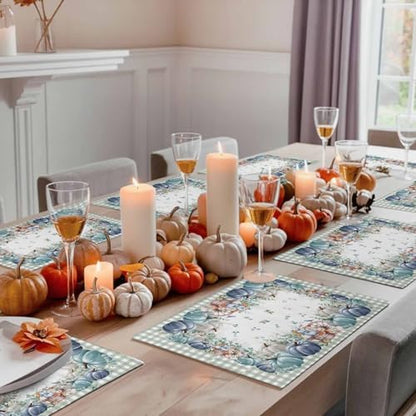 Fall Thanksgiving Placemat, Navy Blue Pumpkins Green Eucalyptus Leaves Heat Resistant Washable Table Place Mats Sage Farmhouse Plaid Table Linens Decor for Home Kitchen Dining Outdoor Indoor