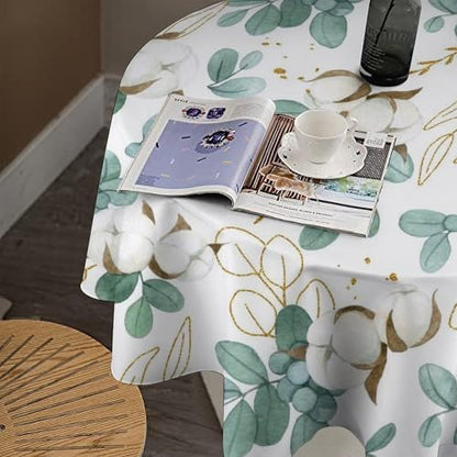 Cotton Flowers Tablecloth, Watercolor Summer Green Golden Eucalyptus Leaves Floral Print Table Cloth for Outdoor Picnic Home Dining Kitchen Table Decor, 70x70in