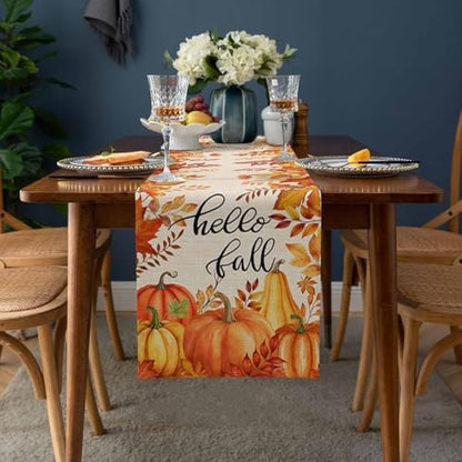Fall Pumpkin Table Runner Dresser Scarf 13 x 72 Inch Harvest Orange Maple Leaves Table Runners Non-Slip Heat Resistant Kitchen Dining Table Decor for Autumn Thanksgiving Holidays Indoor Outdoor