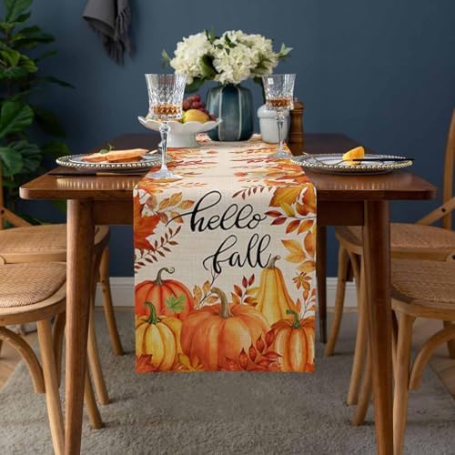 Fall Pumpkin Table Runner Dresser Scarf 14 x 72 Inch Harvest Orange Maple Leaves Table Runners Non-Slip Heat Resistant Kitchen Dining Table Decor for Autumn Thanksgiving Holidays Indoor Outdoor