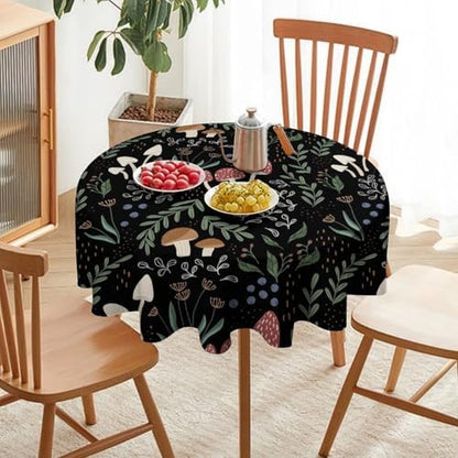Mushroom Tablecloth, Cartoon Green Leaves Mushroom Wildflower Plant Botanical Herb Nature Garden Print Table Cloth for Home Kitchen Outdoor Party Picnic Wedding Decor, 60x60in