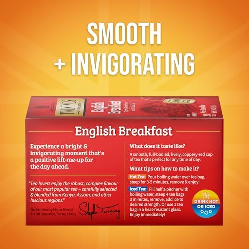 Twinings English Breakfast Black Tea Individually Wrapped Bags, 20 Count (Pack of 6), Flavourful, Robust, Caffeinated, Enjoy Hot or Iced, 120 Teabags