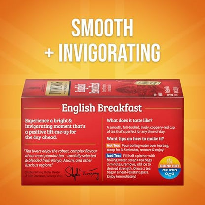 Twinings English Breakfast Black Tea Individually Wrapped Bags, 20 Count (Pack of 6), Flavourful, Robust, Caffeinated, Enjoy Hot or Iced, 120 Teabags