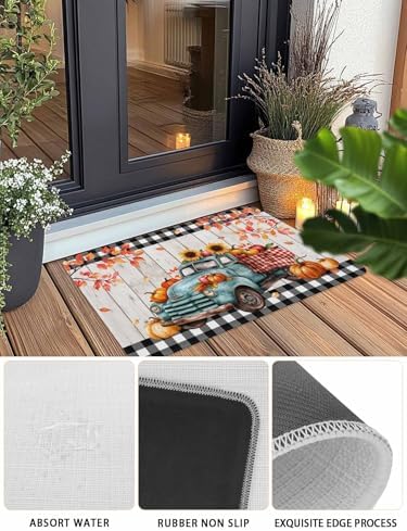 Fall Door Mat Harvest Pumpkin Teal Truck Doormat Sunflower Maple Leaves Wood Plaid Harvest Thanksgiving Welcome Mat Non Slip Entryway Front Rug Floor Mat for Indoor Outdoor Kitchen Autumn 18x30
