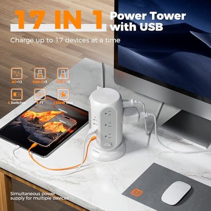 TESSAN Tower Power Strip Surge Protector, Flat Extension Cord 6 Ft, Grey