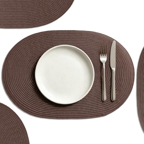 AHHFSMEI Placemats Set of 8 for Dining Table Washable Woven Non-Slip 18x12 inches Placemat Heat-Resistant Durable Table Mats for Dining Table Easy to Clean (Oval Brown, 8)