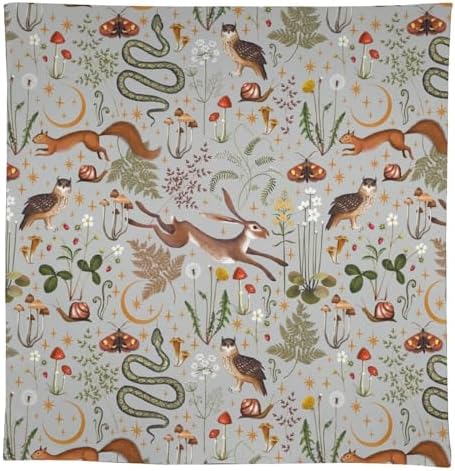 Woodland Animal Tablecloth, Grey Country Forest Hare Squirrel Owl Snake Snail Flowers Mushroom Print Table Cover for Picnic Party Holiday Home Kitchen Dining Table Decor 55x75in