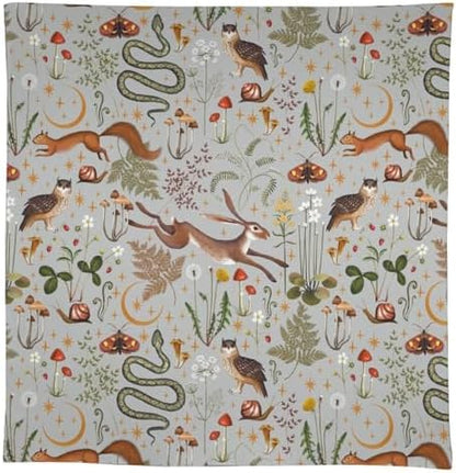 Woodland Animal Tablecloth, Grey Country Forest Hare Squirrel Owl Snake Snail Flowers Mushroom Print Table Cover for Picnic Party Holiday Home Kitchen Dining Table Decor 60x90in