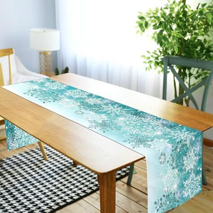 ALAZA Double-Sided Silver Winter Teal Turquoise Snowflakes Christmas Table Runner 14x108 Inches Long,Table Cloth Runner for Wedding Birthday Party Kitchen Dining Home Everyday Decor