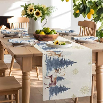 Christmas Table Runner Dresser Scarf 13 x 72 Inch Vintage PineTree Forest Elk Glod Snowflakes Linen Table Runners Non-Slip Heat Resistant Kitchen Dining Table Decor for Home Holidays Indoor Outdoor