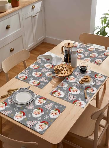 Grey Christmas Placemats Set of 4, Santa Claus Merry Christmas Tree Heat Resistant Washable Table Place Mats Winter Snowflake Cotton Table Linens Party Holiday Decor for Kitchen Dining Outdoor Indoor