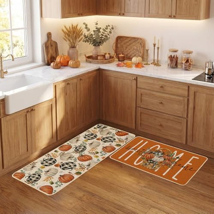 Baccessor Fall Pumpkin Basket Kitchen Rugs Set of 2,Thanksgiving Autumn Home Sweet Home Farmhouse Mat Washable Non Slip Low-Profile Indoor Floor Holiday Hallway Laundry Sink Decor 17x29 and 17x47 Inch