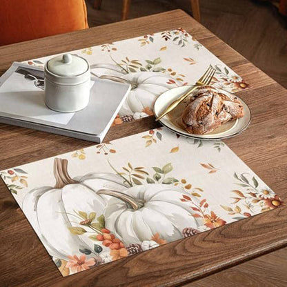 Fall Floral Leaves Placemats Set of 6, Thanksgiving Pumpkins Heat Resistant Washable Table Place Mats Boho Cotton Table Linens Party Holiday Decorations for Home Kitchen Dining Table Outdoor Indoor,