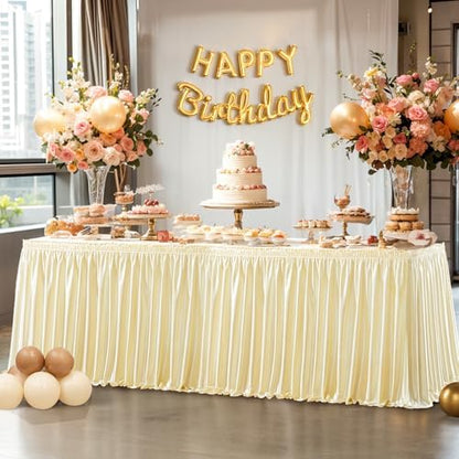Wish Care 17ft Champagne Satin Long Table Skirt for Rectangle Tables Wrinkle Free Teacher Desk Skirt Glitter Ruffle Table Skirting Cloth for Back to School Classroom Office Birthday Party Table Decor