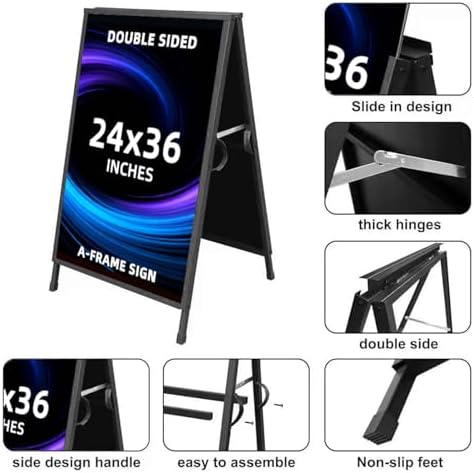 Heavy Duty Slide-in Folding Sandwich Board A-Frame Sidewalk Sign 24x36 Inch Black Coated Steel Metal Double-Sided Pavement Sign (2 Corrugated Plastic Poster Board)