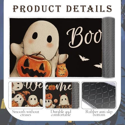 Halloween Kitchen Mats Set of 2, Boo Pumpkin Ghost Kitchen Rugs
