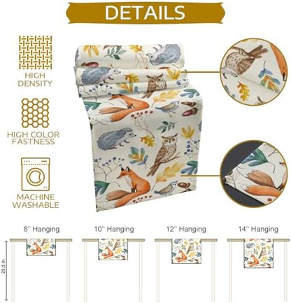 Fall Table Runner Autumn Animal Table Runners Harvest Thanksgiving Owl Bird Fox Leaves Cotton Linen Dresser Scarf Kitchen Dining Table Decor for Autumn Holiday Party Coffee 13x70 Inch
