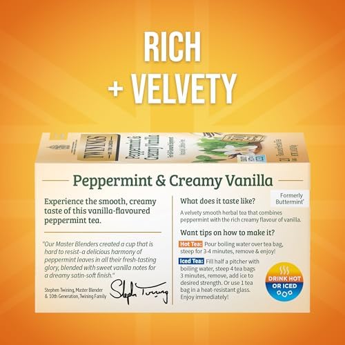 Twinings Peppermint & Creamy Vanilla Herbal Tea Individually Wrapped Bags, 20 Count (Pack of 2), Formerly Buttermint, Naturally Caffeine-Free, Enjoy Hot or Iced