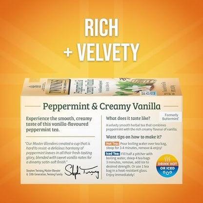Twinings Peppermint & Creamy Vanilla Herbal Tea Individually Wrapped Bags, 20 Count (Pack of 2), Formerly Buttermint, Naturally Caffeine-Free, Enjoy Hot or Iced