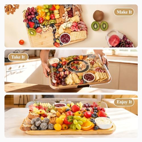 Portable Bamboo Charcuterie Board with Lid, 6 Compartments