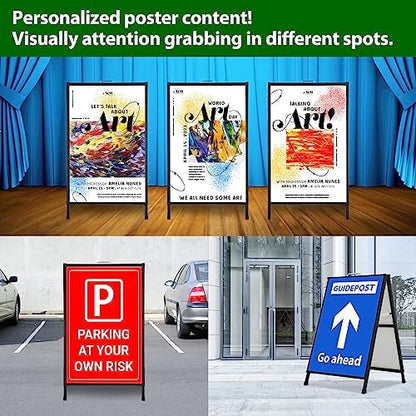 A Frame Sidewalk Sign 24 x 36 Inch Outdoor, Double-Sided Folding Sandwich Board with Handle, Heavy Duty Metal Slide-in A-Frame for Business, Advertising, Party, with 2 Plastic Boards