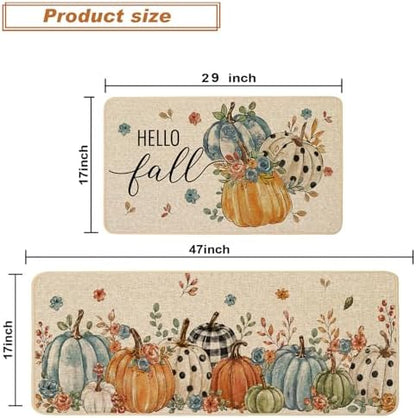 Baccessor Fall Kitchen Rugs Set of 2, Blue Pumpkins Floral