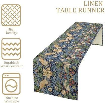 William Morris Floral Table Runner, Vintage Flowers Botanical Printed Table Runner for Home Kitchen Dining Table Decoration,13x36 Inch Strawberry Thief