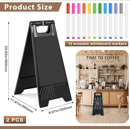 2 Pack a Frame Sandwich Board Sign with Dry Erase Surface, 24 x 12 Inch Double Sided Sidewalk Sign Chalkboard Easel Heavy Duty Plastic Dry Erase Poster Board for Outdoor Restaurant Cafe Menu (Black)