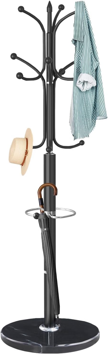 ZOZOE Metal Coat Rack Stand, Modern Coat Rack Freestanding with Natural Marble Base, Sturdy Coat Racks with 12 Hooks & Umbrella Holder,Black Coat Tree Hanger Stand for Bags,Hats,Entryway,Office