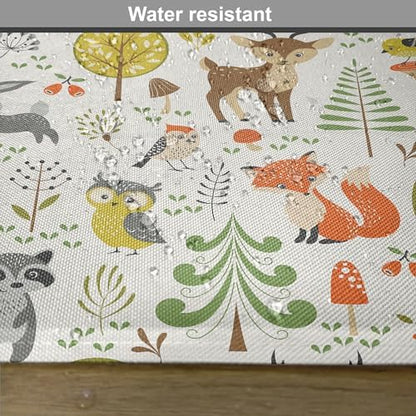 Lunarable Animals Place Mats Set of 8, Woodland Forest Animals Trees Birds Owls Fox Bunny Deer Raccoon Mushroom Print, Washable Fabric Placemats for Dining Table, Placemat 8 pcs, Brown Orange