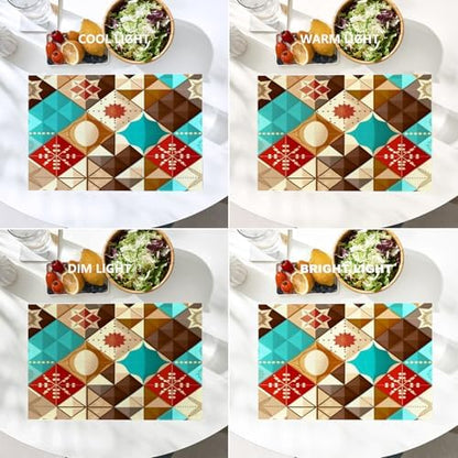 Batmerry Christmas Abstract Patchwork Linen Placemats Set of 4, New Year Winter Blue Geometric Washable Table Mats for Kitchen Table Thickened Heat Insulation Dining Set Indoor Outdoor 12X18 in