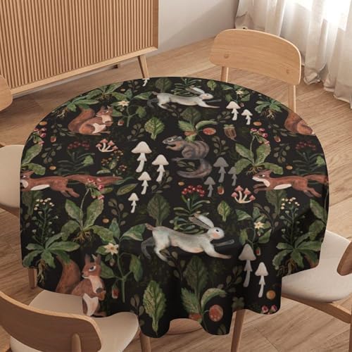 Cartoon Woodland Tablecloth, Watercolor Rustic Forest Wild Animals Bunny Rabbit Squirrel Mushroom Plants Print Table Cloth for Indoor Outdoor Dining Table Party Picnic Decor, 36x36in