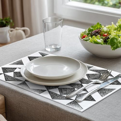 Batmerry Houndstooth Black White Linen Placemats Set of 6, Plaid Abstract Fashion Geometric Washable Table Mats for Kitchen Table Thickened Heat Insulation Dining Set Indoor Outdoor 12X18 in