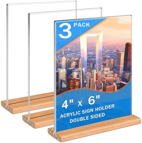 Kersally Acrylic Sign Holder 4 x 6, 3 Pack Double-Sided Clear Table Display Stands with Wood Base,Vertical Acrylic Frame Menu Flyer Paper Holder for Stores, Restaurants, Hotels, Office, Show Fair